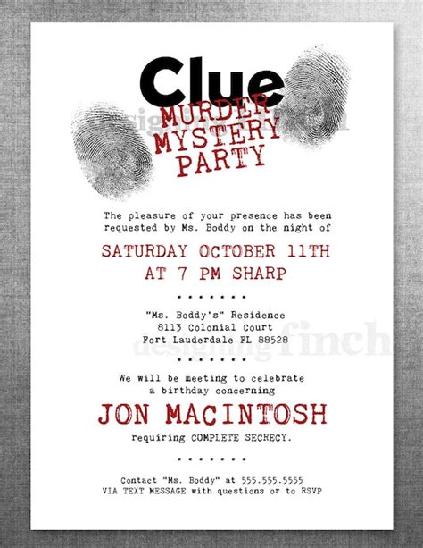 Clue Birthday Invitation Murder Mystery Party Customizable