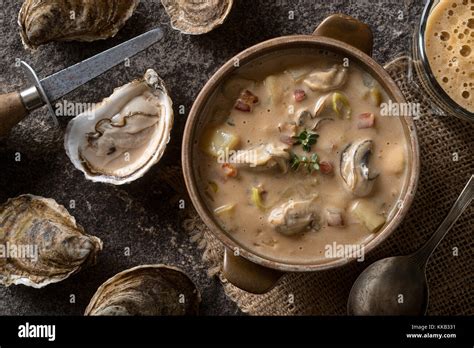 Homemade oyster stew with stout beer, bacon, and thyme Stock Photo - Alamy