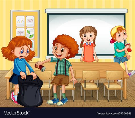 Scene with students cleaning classroom together Vector Image