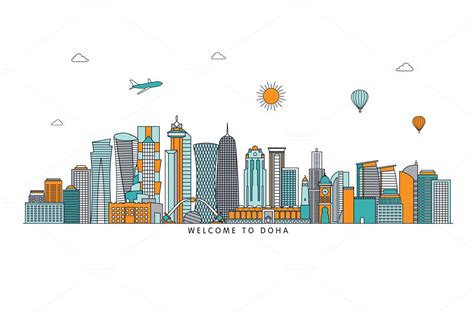 Doha detailed line skyline | Line illustration, Skyline, Line art