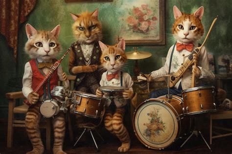 Premium AI Image | A painting of cats playing drums.