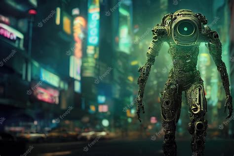 Premium Photo | A cyberpunk robot with a glowing eye stands majestically against the neonlit ...