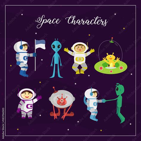 Astronaut cartoon characters in outer space suit with a alien spaceship ...