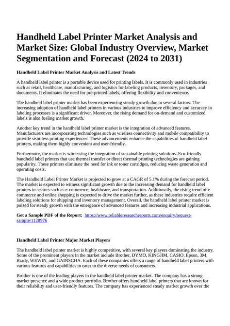 Reportprime - Handheld Label Printer Market Analysis and Market Size: Global Industry Overview ...