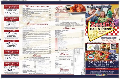 Menu at Zesto's Deli & Pizzeria, Plymouth