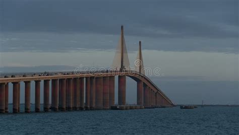 Sunshine Skyway Bridge Under Sunset Glowing Lights - 2 Stock Image ...