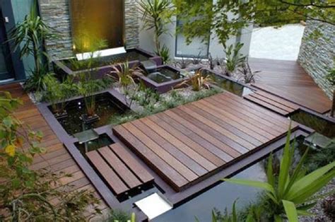 small japanese garden design ideas with pond and wooden deck