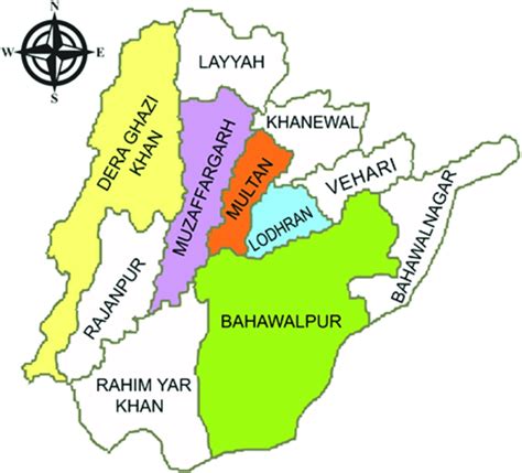 Map showing five major districts (shaded) of South Punjab-Pakistan ...