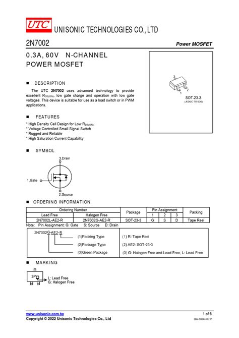 2N7002 datasheet, mosfet equivalent, Unisonic Technologies