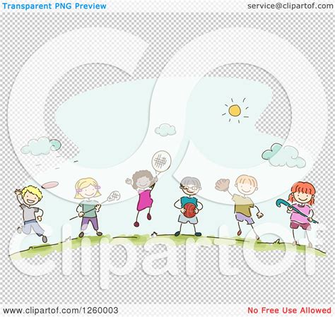 Clipart of Sketched Stick Kids with Sports Equipment - Royalty Free Vector Illustration by BNP ...