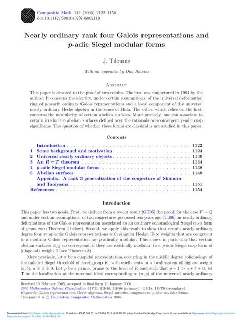 (PDF) Nearly ordinary rank four Galois representations and $p$-adic Siegel modular forms