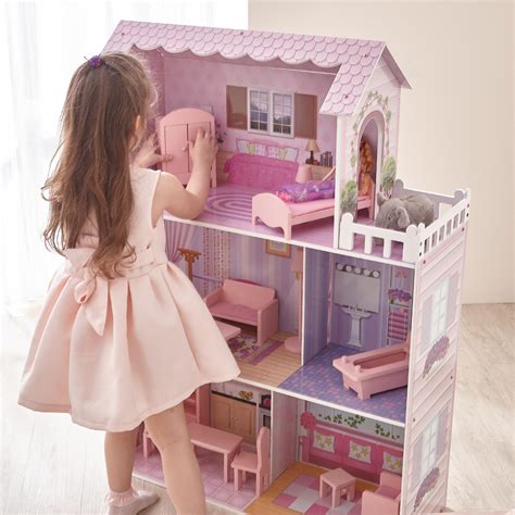 Teamson Kids - Fancy Mansion Kids Large Wooden Dollshouse Dolls House with 13 pcs Furniture fits ...