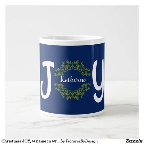 Christmas JOY, w name in wreath (midnight blue) Large Coffee Mug | Christmas mugs, Mugs, Large ...