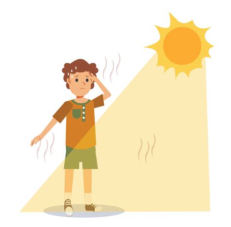 heat stroke concept.Sunstroke and sunburn risk little boy under burning sun. High temperature ...