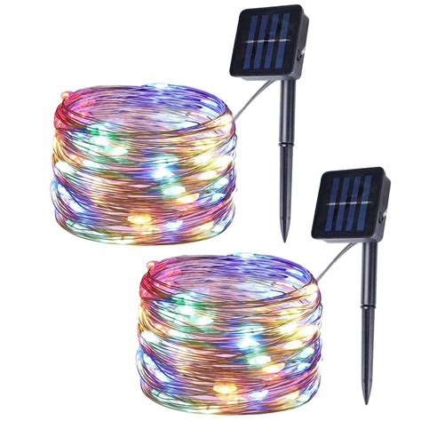 Set of 2 Solar Powered 100-LED String Lights, Outdoor Multicolor Copper Wire Fairy Lights ...