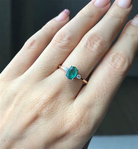 Oval Emerald Three Stone Engagement Ring- Genuine Emerald Promise Ring for Her- Two Tone Gold ...