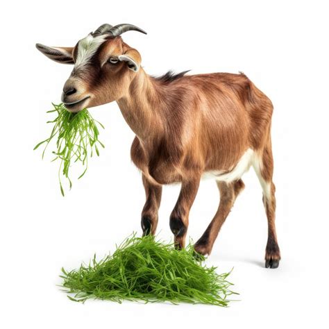 Premium Photo | A goat is eating grass and has a white background.