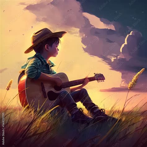 Boy playing guitar sitting on the grass field with sky view. Guitar boy ...