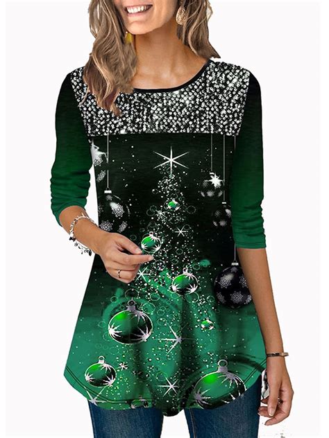 Lallc - Women's Christmas Sequin Plus Size 3/4 Sleeve Crew Neck Blouse ...