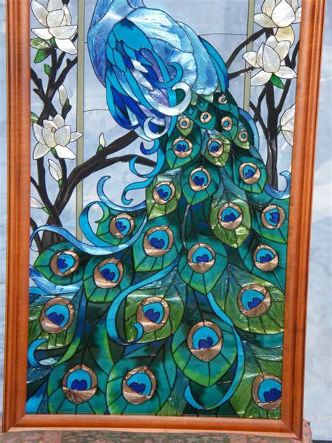 MAGNIFICENT * PEACOCK 17x37 STAINED GLASS WINDOW PANEL | eBay