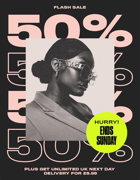 a poster with an image of a woman wearing glasses and the words 50 % off on it