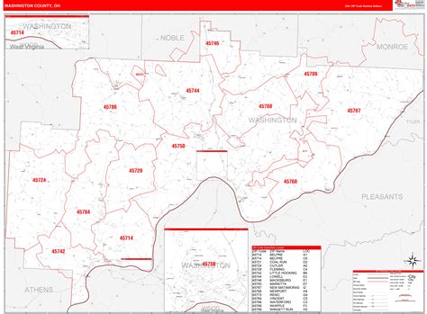 Washington County, OH Zip Code Wall Map Red Line Style by MarketMAPS