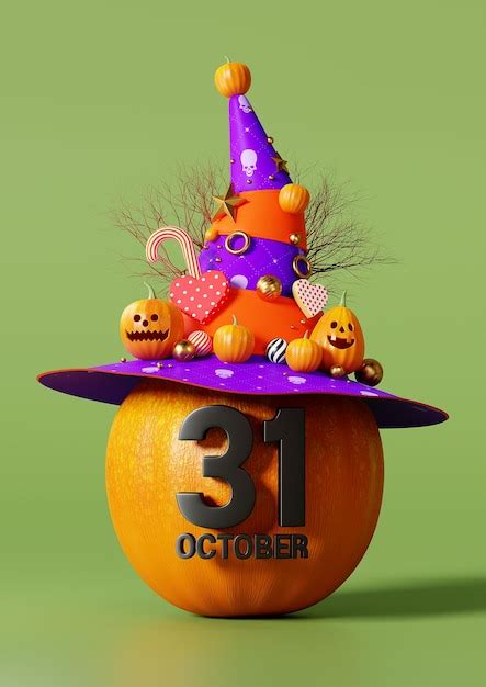 Premium Photo | 3d rendering happy halloween, pumpkin head put on a hat on green background ...