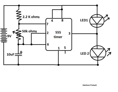 Blink Two LEDs Alternatively With 555 IC (Classic IC Circuit Diagram II)