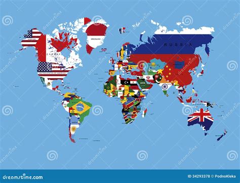 Mapa Del Mundo Coloreado En Banderas Y Nombres De Países Stock de ...