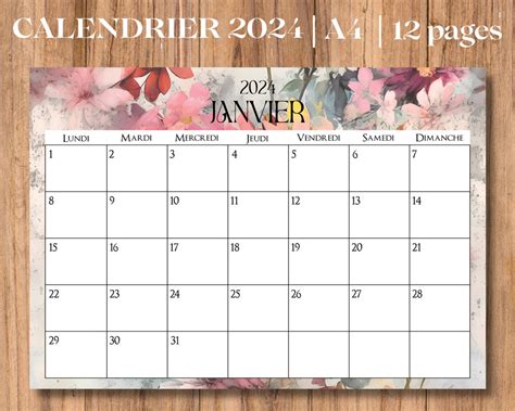 French Printable 2024 Calendar, PDF to Download, 12 Pages, A4 Format (Instant Download) - Etsy