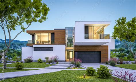 3d Rendering Of Modern House By The River At Evening - Stock - GamesAgeddon