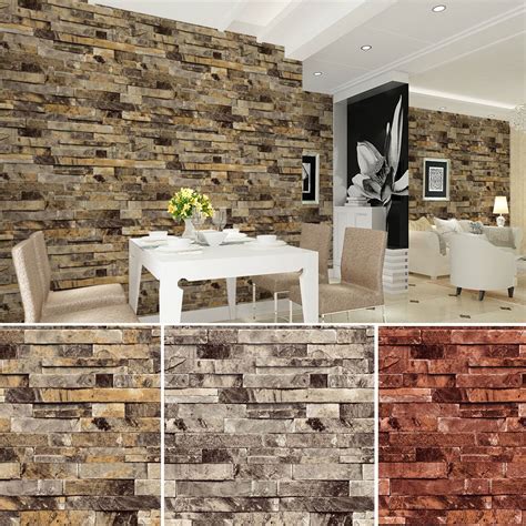 HaokHome PVC Vinyl Modern Faux Brick Stone 3D Wallpaper Living room ...