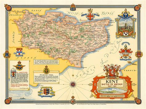 Battle of Britain, 1940, Kent, England, WWII Pictorial Map Vintage Wall ...