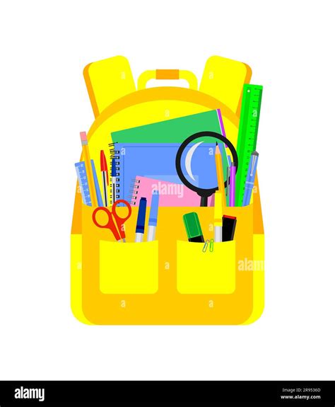 Yellow backpack with school stationery on a white background. Back to ...