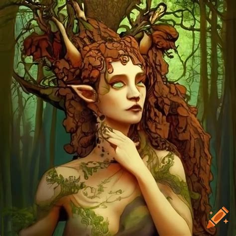 Art nouveau illustration of a forest dryad and oak tree on Craiyon