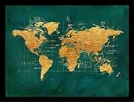 Vintage Framed Foil Art Geographical Map of Earth & Oceans Gold/Silver hajj.gov.eg