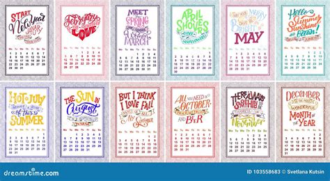 Vector Calendar for Months 2 0 1 8. Hand Drawn Lettering Quotes for ...