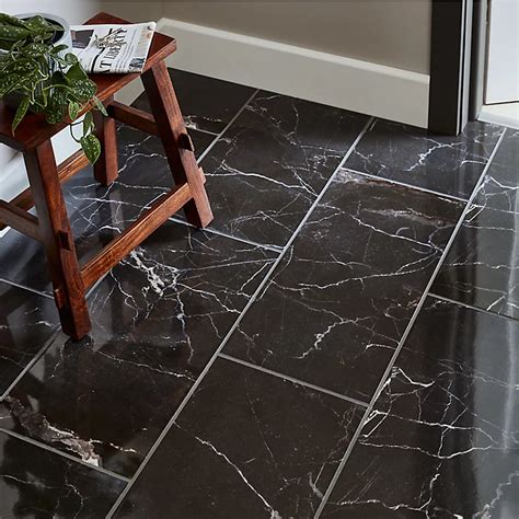 Elegance Black Gloss Marble effect Ceramic Wall & floor Tile, Pack of 7 ...