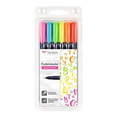 Tombow Fudenosuke WS-BH Calligraphy Brush Pen Hard, 6 set Neon | Markersnpens.com