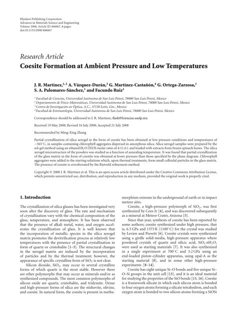 (PDF) Coesite Formation at Ambient Pressure and Low Temperatures