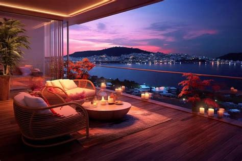 Premium Photo | A balcony with a view of the city at night.