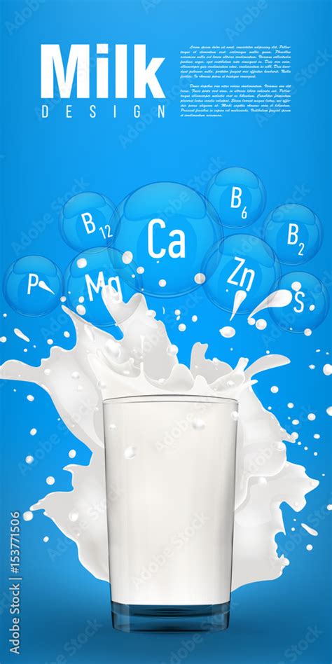 Milk flyer design vector illustration with milk splash and vitamin or mineral bubbles Stock ...