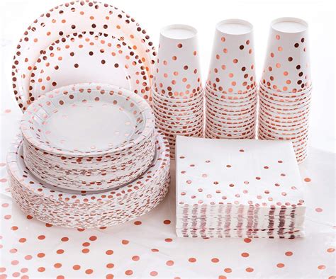 Amazon.com: hapray 201PCS Disposable Paper Plates Rose Gold Party Supplies, Polka Dots Birthday ...