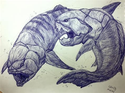 A Dunkleosteus attacks its filter-feeding relative, Titanichthys. The ...