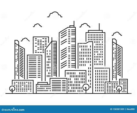 Line Art Vector Illustration of City Line in White Background with Skyscrapers. Vector ...