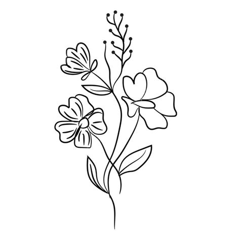 a line drawing of flowers with leaves on the stem and one flower in the middle