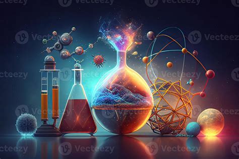 Science background illustration, scientific design. Flasks, glass and chemistry, physics ...