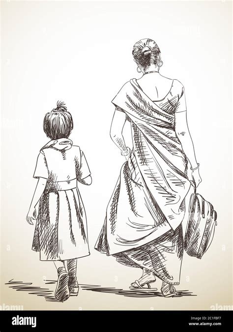 Sketch of walking mother and daughter from school, Hand drawn illustration Stock Vector Image ...