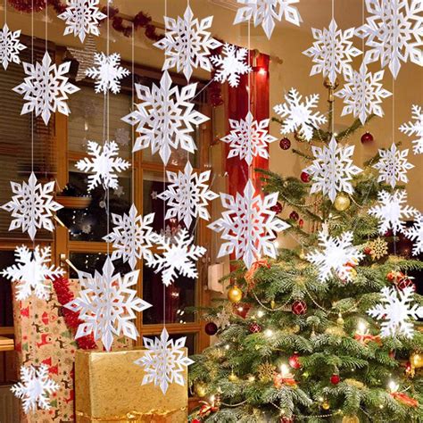 GuassLee12PCS Snowflakes Garland & 12PCS 3D Glittery Large White Snowflake for Christmas ...