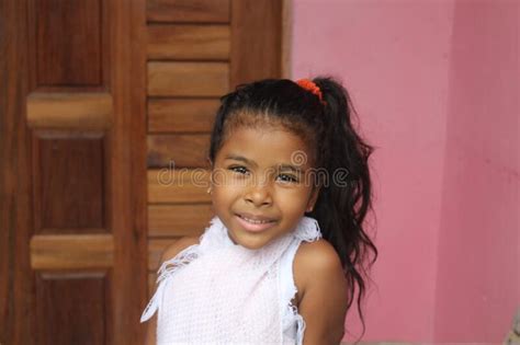 Portrait of Cute Little Girl. she`s Got Your Old Wooden Door. African-American Mixed Race Child ...